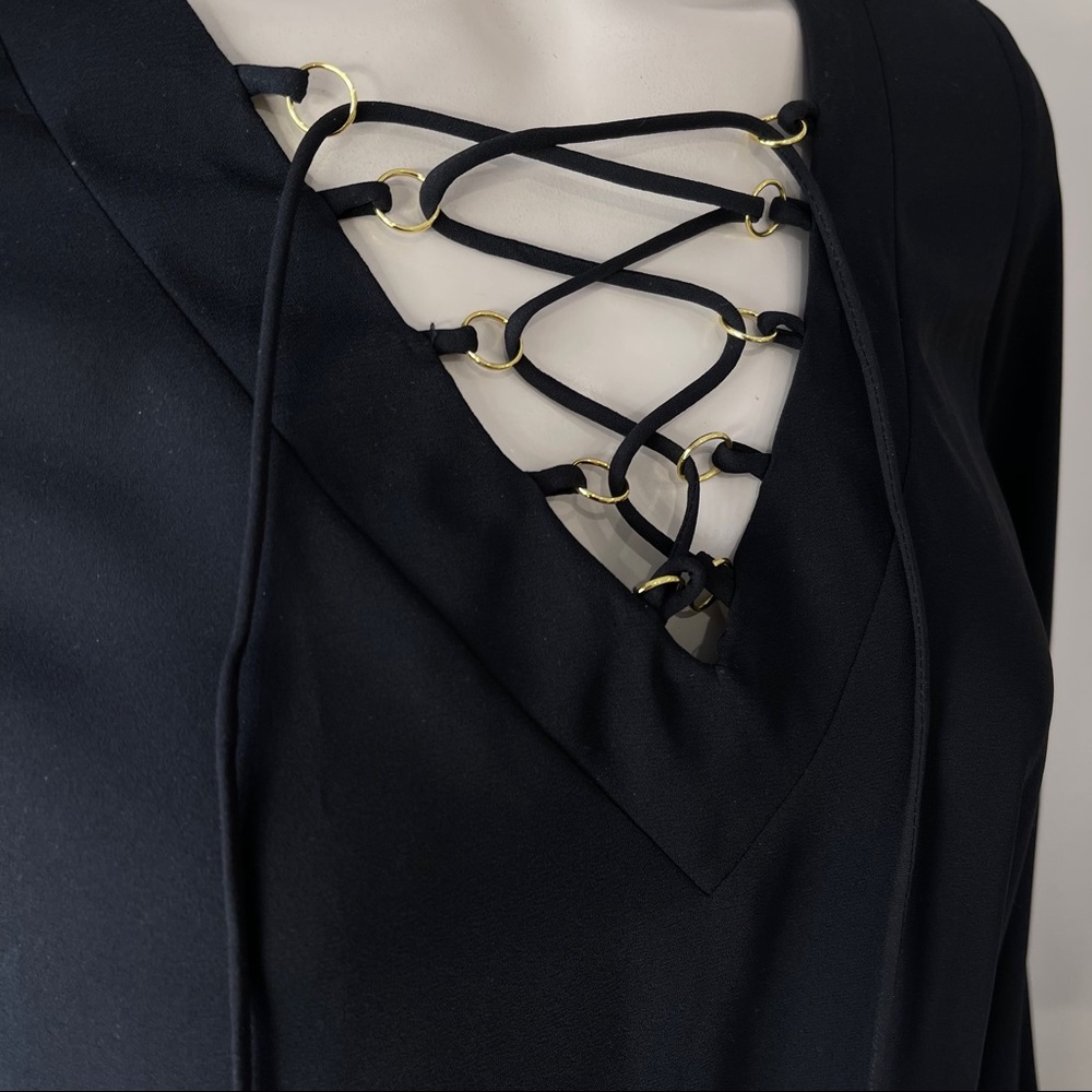 ESSENTIAL blouse ATMOSPHERE top solid black TIE UP FRONT 2  dressy top - Picture 6 of 11